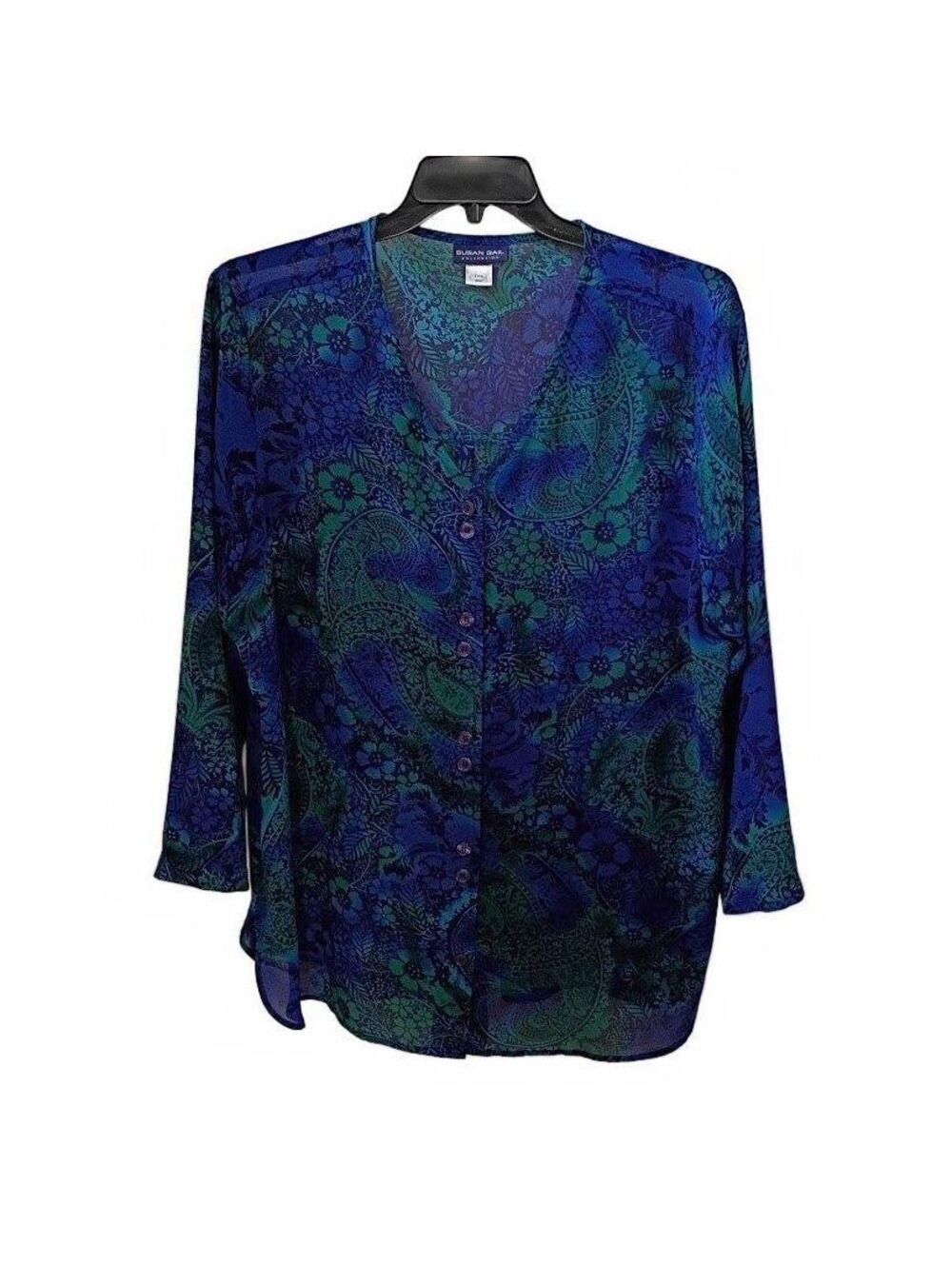 Susan Gail Collection Women's Blue Green Paisley Button-Up Blouse Size 20W